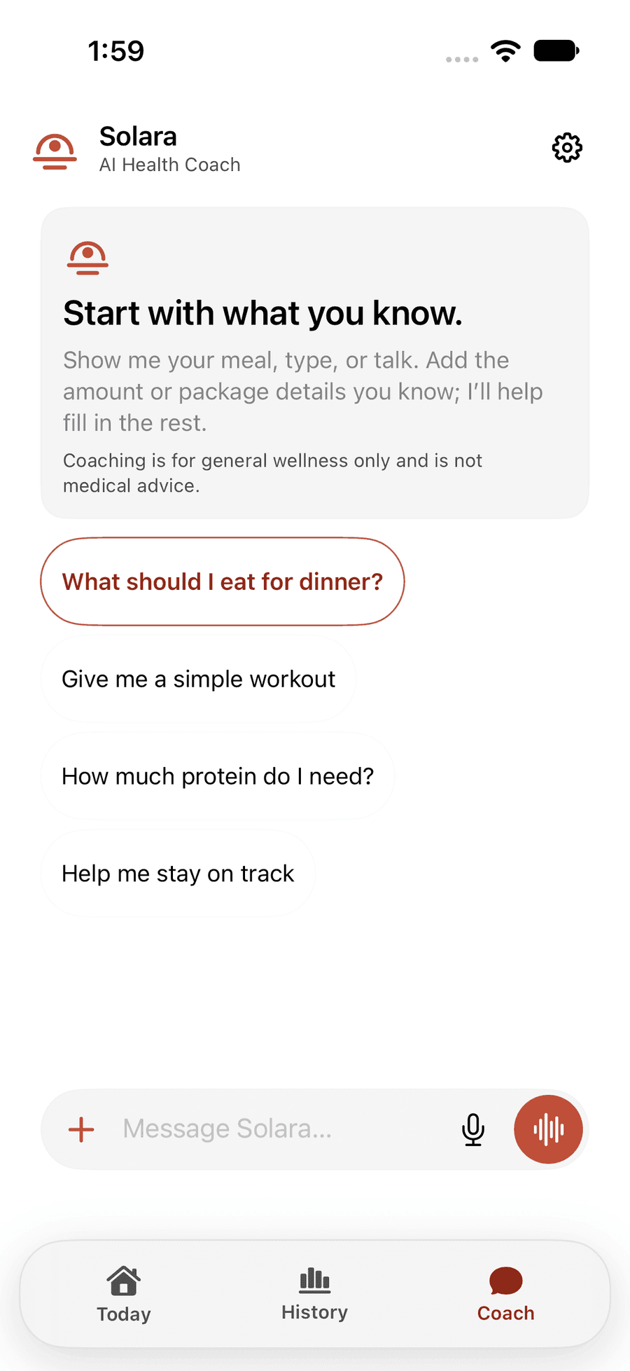 Solara, the AI coach in ZOSAVI, with starter questions such as What should I eat for dinner?