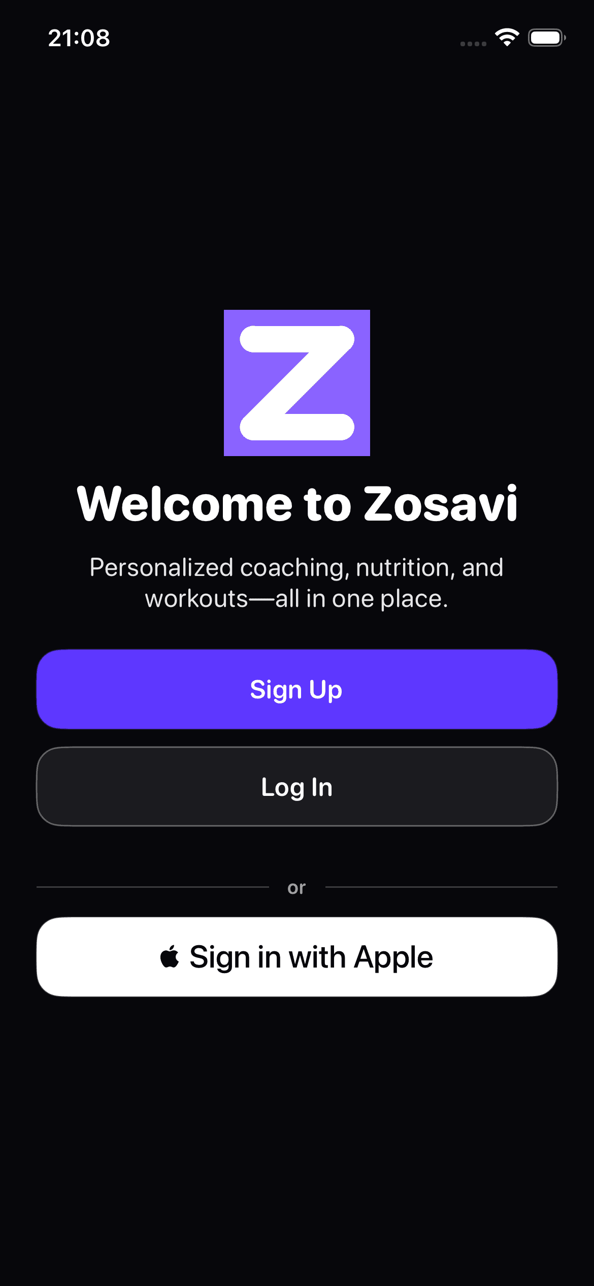 Zosavi welcome screen on iPhone