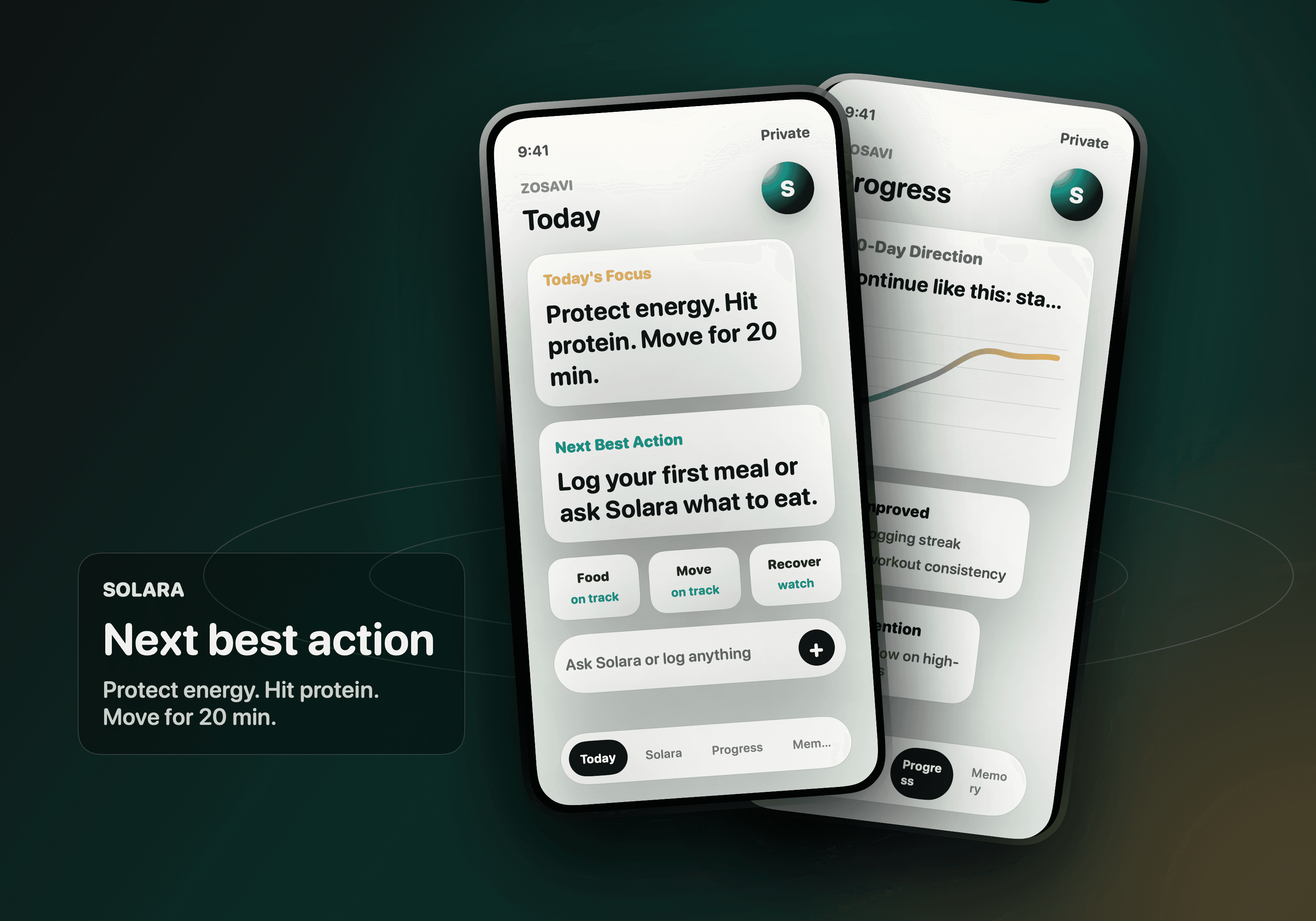 Native-rendered ZOSAVI Today and Progress app screens