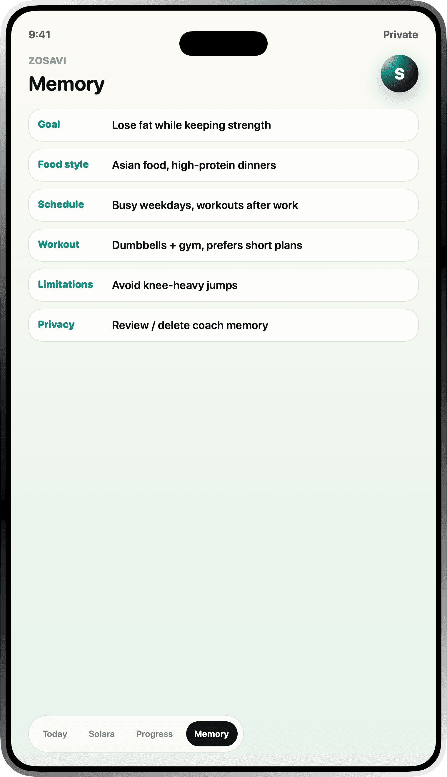 Native-rendered ZOSAVI Memory screen