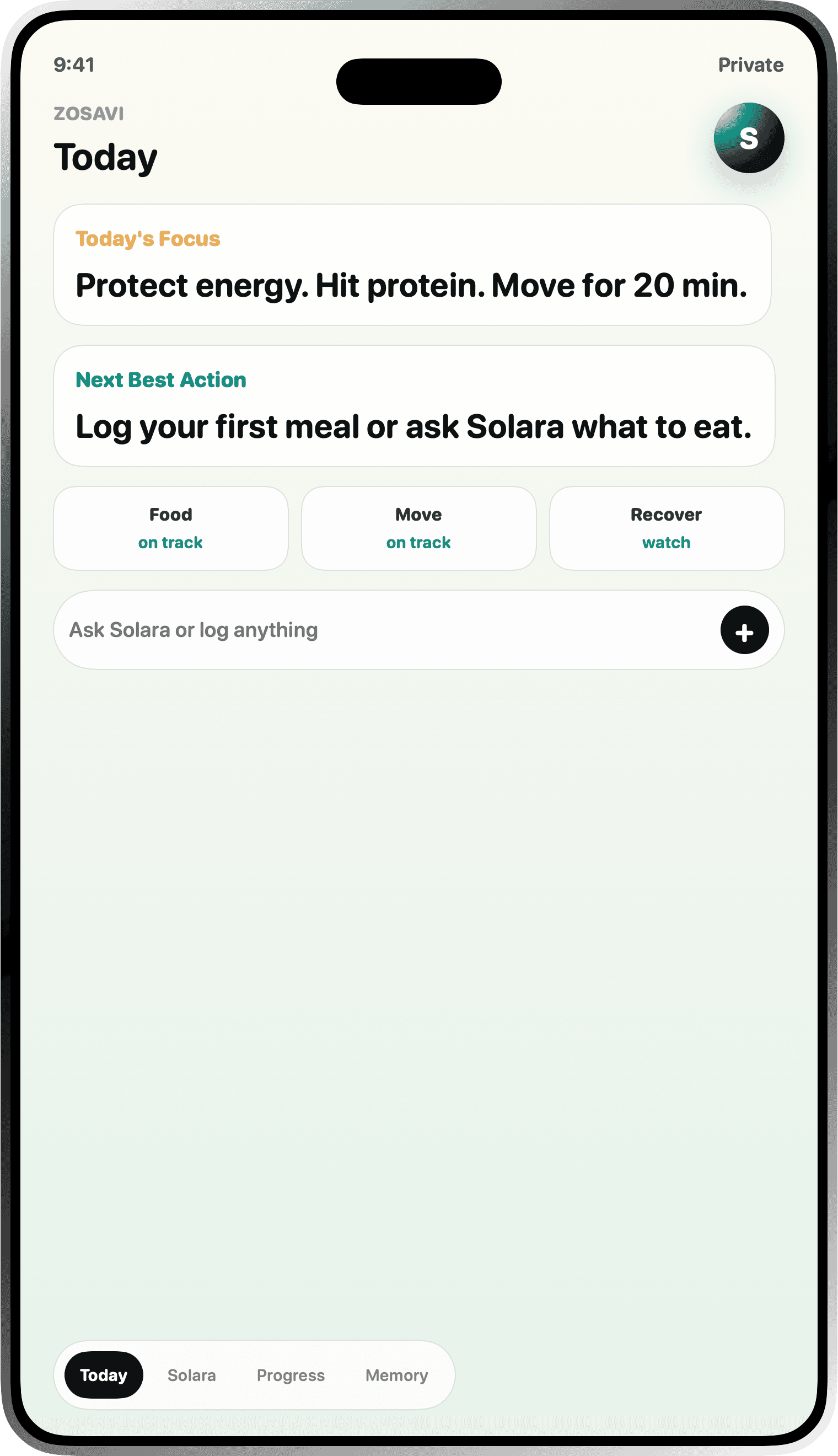 Native-rendered ZOSAVI Today command center screen